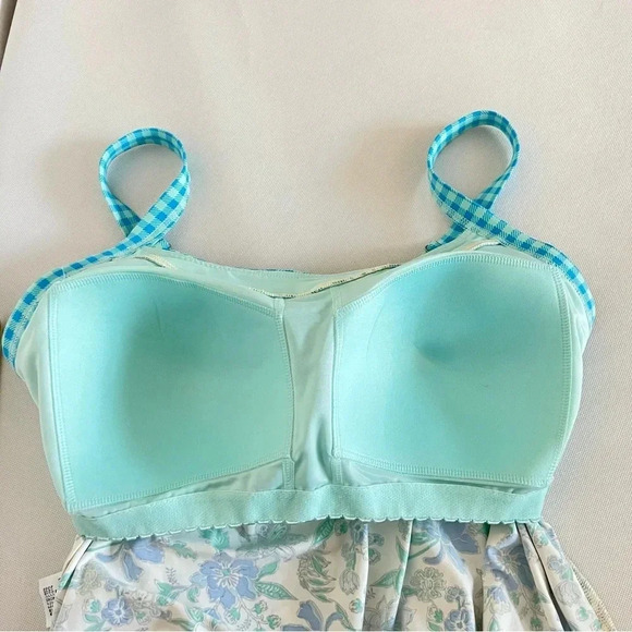 Lands' End Tankini Top Size 12 DD Blouson Lotus Floral/Gingham Swimsuit Blue - Picture 6 of 12